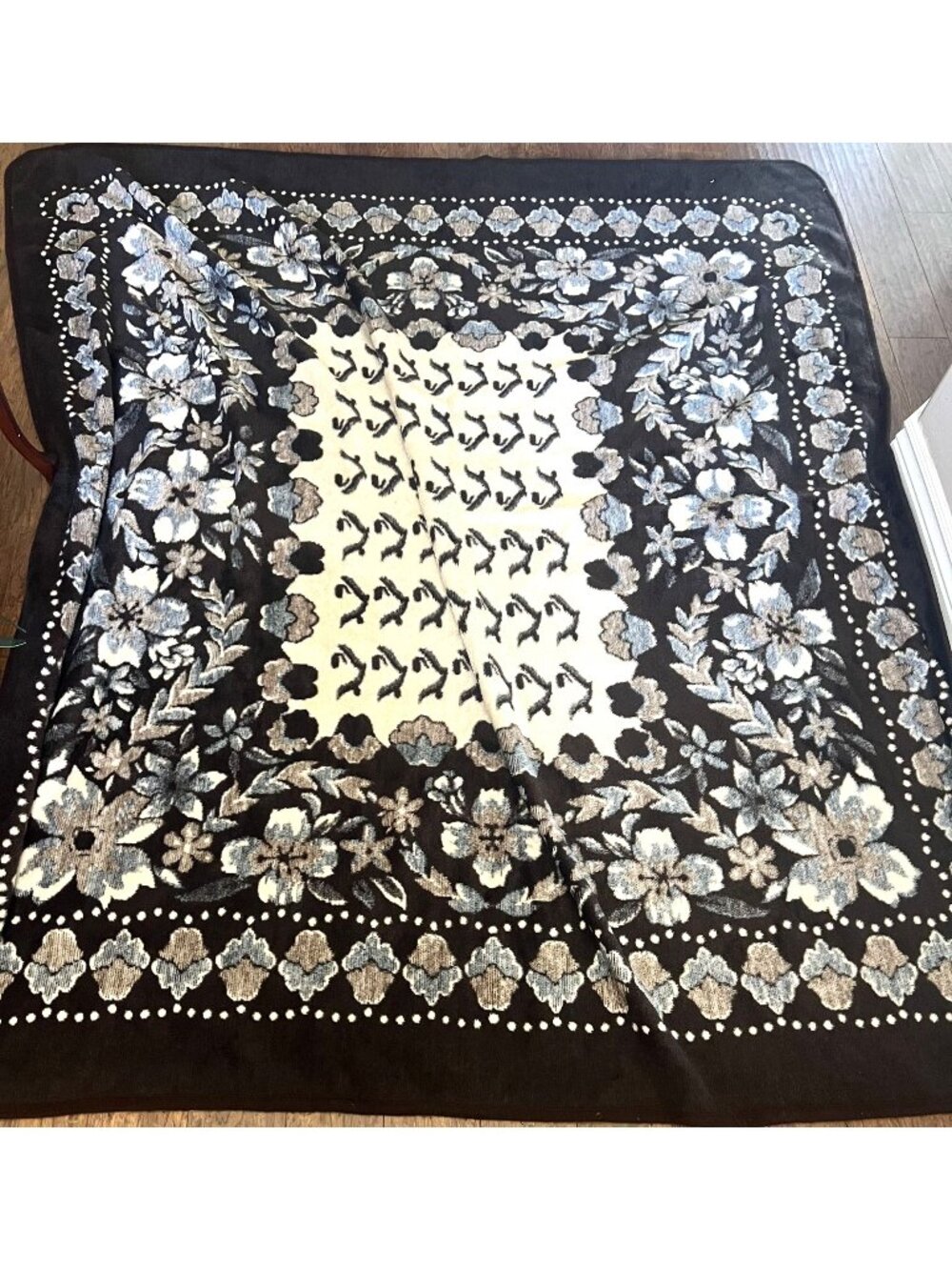 Vintage Siena Sorrecamero Blanket Blue Brown Flowers Mexico 91" X 78"